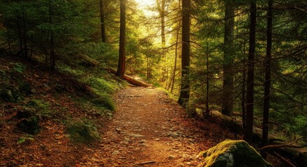 Obraz premium Scenic forest path covered in autumn leaves, surrounded by tall trees, illuminated soft sunlight