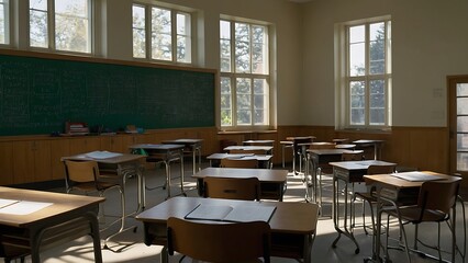 Fototapeta premium Bright and organized classroom with rows of desks, a large chalkboard, and educational posters on the walls