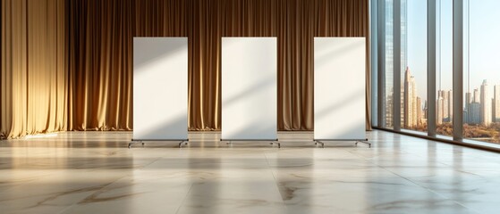 blank roll-up banner stands in a luxurious setting.
