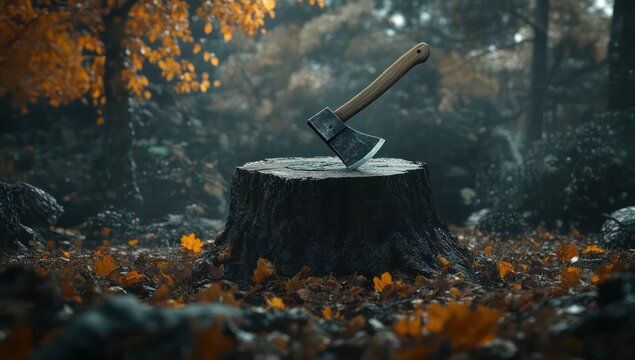 Autumn forest axe stump