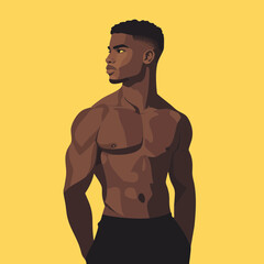 Fototapeta premium Vector illustration of a muscular man with a confident posture against a bright yellow background, ideal for fitness and health themes.