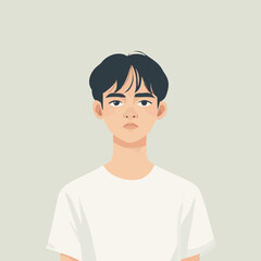 Vector illustration of a young person with dark hair, neutral colors, and minimalistic style; ideal for modern design projects.