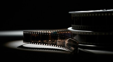 Close-up of film reel and strip on dark background