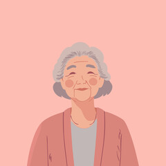 Vector Illustration of a Smiling Elderly Woman Against a Soft Pink Background, Perfect for Health and Wellness Themes