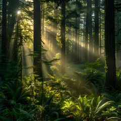 Fototapeta premium Ethereal morning sun rays shining through a misty forest, creating an enchanting and serene environment
