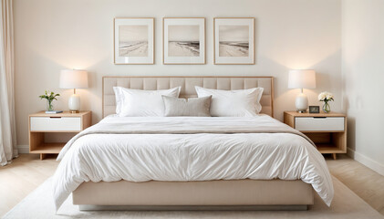 This image shows a minimalist bedroom with a large bed, white bedding, and two bedside tables with lamps and small flower arrangements.