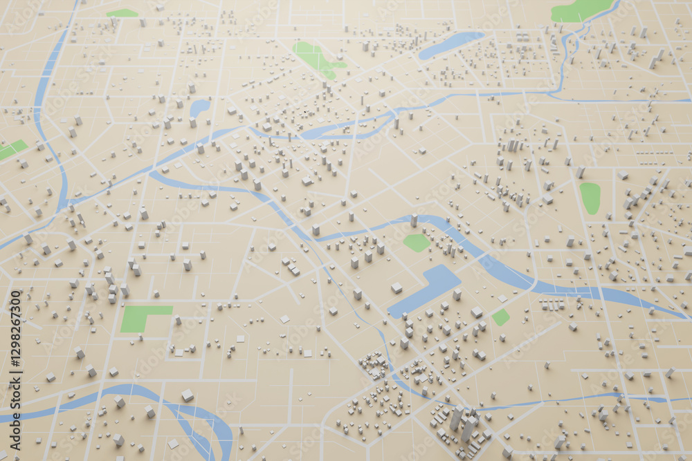 Poster 3d rendering city map illustration of a city map created using 3d modeling. top view of urban map wi