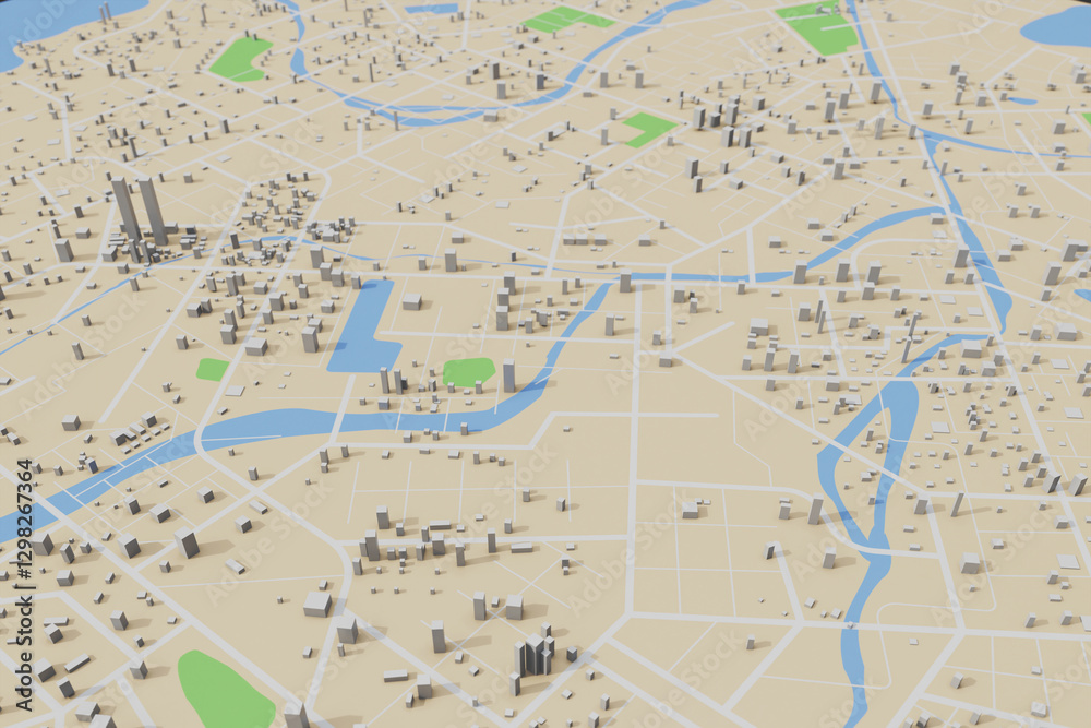 Aufkleber 3d rendering city map illustration of a city map created using 3d modeling. top view of urban map wi