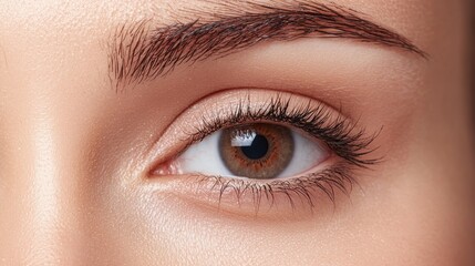 Obraz premium Close-up of a Beautiful Human Eye with Brown Iris and Naturally Defined Eyelashes on a Smooth Skin Surface