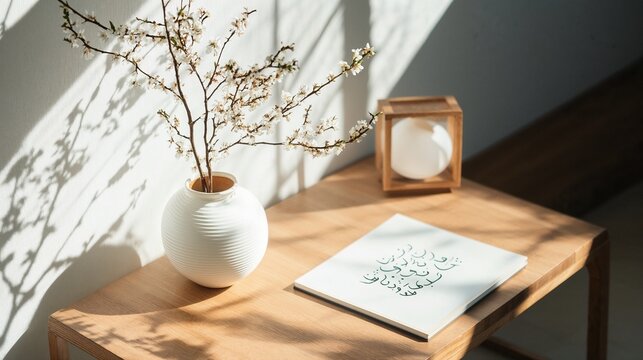 A minimalist, high-end flatlay featuring a single white ceramic lantern, an abstract Arabic calligraphy print, and soft natural shadows.