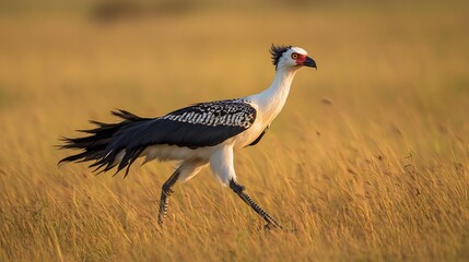 Fierce Secretary Bird striding through the tall grass its long legs powerful and poised black and white feathers sleek against the savanna wind