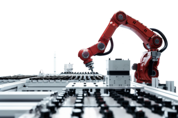 Robotics Arm: The image showcases a robotic arm, a symbol of innovation and precision, performing tasks on a production line. The scene is bathed in bright light.