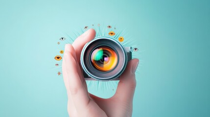 Hand Holding Camera with Eyes on Background