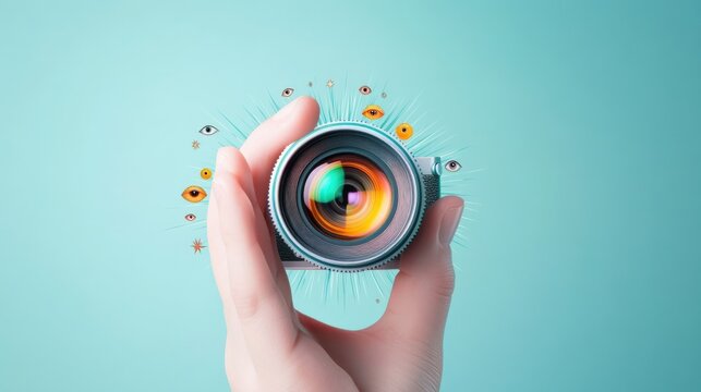 Hand Holding Camera with Eyes on Background