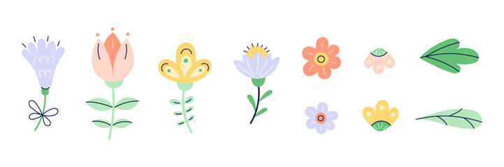 Set of delicate spring flowers and leaves hand drawn. Fantasy flowers in pastel colors. Isolated vector illustration.