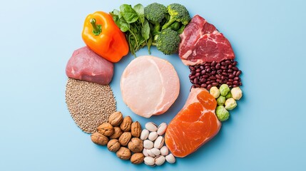 Fresh Ingredients for Healthy Cooking: Meat, Nuts, Vegetables, and Grains Arranged in a Circular Display