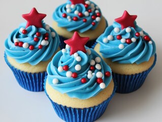 4th of July Cupcakes. Red, White, and Blue Cupcake Decorated with Stars and Flags