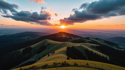 A serene sunset over lush, rolling hills.