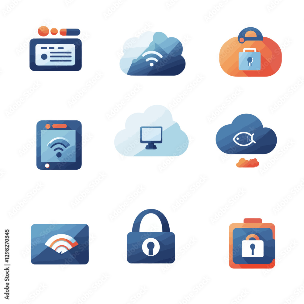 Poster set of 9 abstract vector icons depicting cloud computing and security