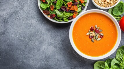 Fresh Healthy Soup with Mixed Salad and Oats on a Stylish Table Setting For a Wholesome Meal Experience