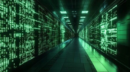 Futuristic data center corridor with glowing green server racks and digital displays