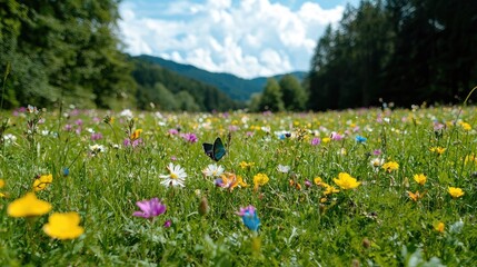 Butterfly over vibrant wildflowers, mountain backdrop, summer meadow
