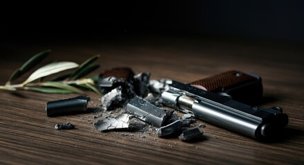 Obraz premium Broken gun on wooden surface with black background symbolizes end to violence