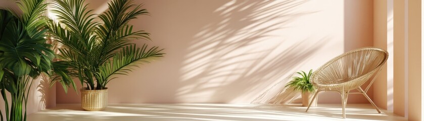Fototapeta premium In a cozy room adorned with soft pink walls, a stylish chair sits invitingly beside a vibrant green plant, creating a warm and welcoming atmosphere perfect for relaxation.