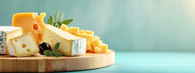 cheese assortment featuring brie, camembert, and parmesan on blue background . creamy, aged, and artisan varieties. A perfect snack or appetizer for a culinary delight. banner 