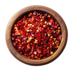 Crushed red chili pepper in a wooden bowl on a surface for cooking and seasoning dishes at home, Crushed red chili pepper in wood bowl isolated on transparent background