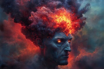 Fototapeta premium Infernal Head, fiery cloud, surreal landscape