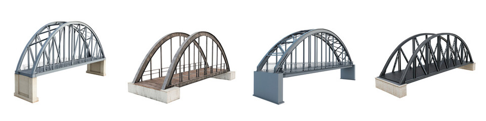Arched steel railroad bridge spanning over urban city infrastructure serving as an elevated crossing for trains and commuter transportation