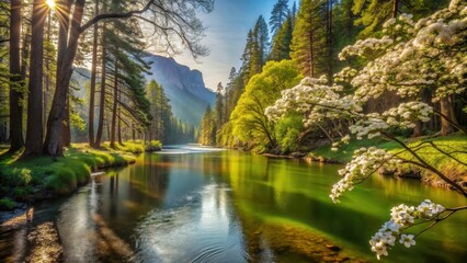Obraz premium Serene River Valley Landscape at Dawn, Sunlight Filtering Through Lush Trees and Blooming Dogwood Branches, Reflecting on Calm Water