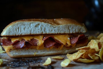 Bologna Sandwich. Delicious Homemade Fried Sandwich with Cheddar Cheese and Crispy Chips