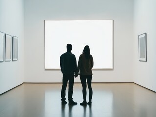 A couple stands hand-in-hand in an art gallery, gazing at a blank canvas, immersed in contemplation and connection.