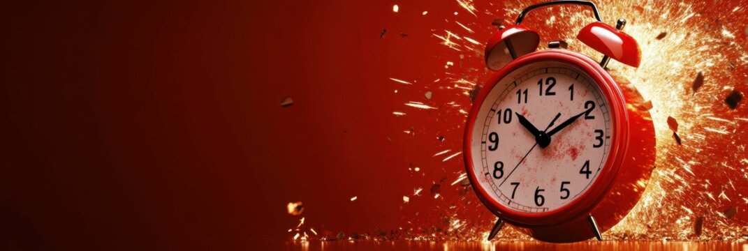 Bonne Annee Celebration: Red Alarm Clock with Digital Explosion in Background