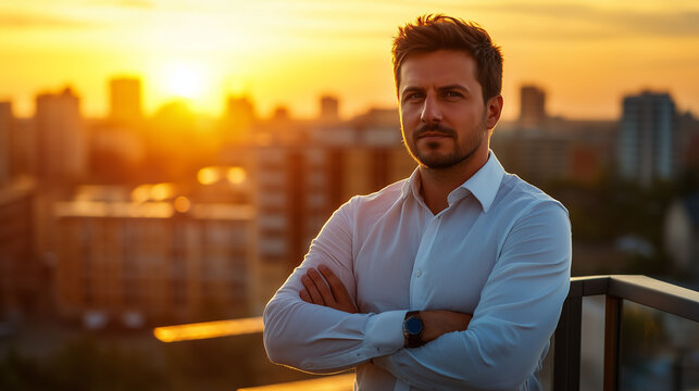 Confident man with crossed arms stands on rooftop at sunset, gazing optimistically at city skyline success is palpable