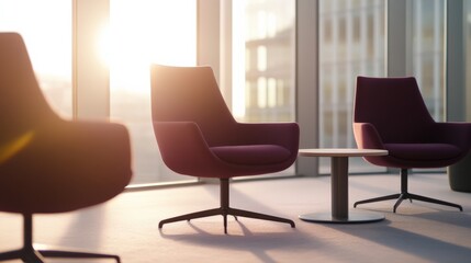 Office waiting area with purple chairs and city view.