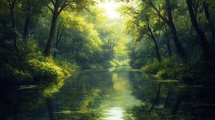 Obraz premium A tranquil forest bathed in verdant hues; still waters mirror vibrant leaves, crafting an oasis of serenity beneath towering trees