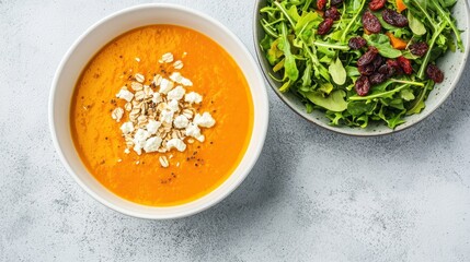 Healthy orange soup with crunchy toppings and fresh green salad with cranberries on a textured background
