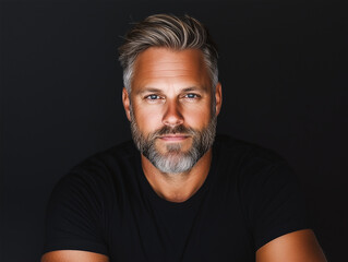 Naklejka premium Handsome male model wearing a black t-shirt, with gray hair, gazing at the camera confidently