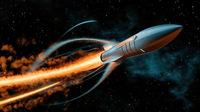 An energetic depiction of a sleek rocket launching through space, surrounded by vibrant propulsion trails, symbolizing human innovation, exploration and the quest for knowledge.