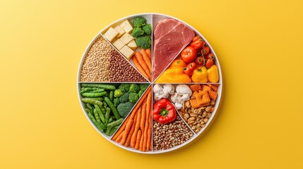 Colorful Plate of Fresh Vegetables, Fruits, and Proteins Arranged in a Creative Circle on Bright Yellow Background
