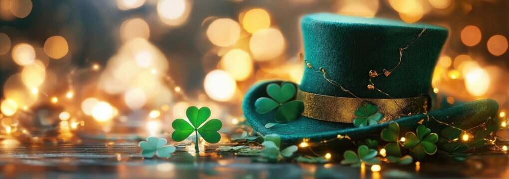 A dark green hat with a four-leaf clover decoration on the table, blurred background of St. Patrick's Day celebration with bokeh effect and festive banner design.