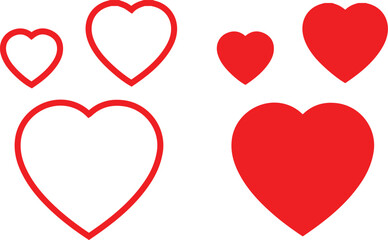 Red hearts, simple shapes, white background, valentine's day icons, minimalist design, vector graphics, love symbols, various sizes,