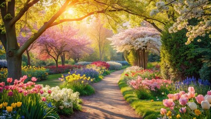 Sunlit Pathway Through a Vibrant Spring Garden with Blossoming Trees and Colorful Flowers