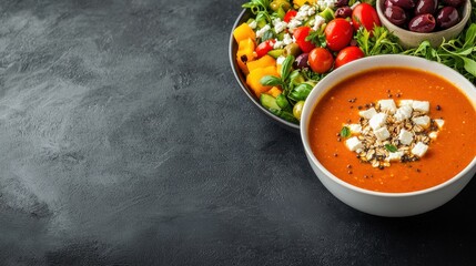Fresh Tomato Soup Served with Colorful Salad Full of Vegetables and Healthy Ingredients on Dark Background