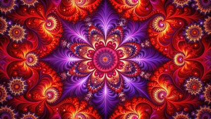 Intricate Ornamental Design Featuring Vibrant Red and Purple Hues with Symmetrical Floral Patterns