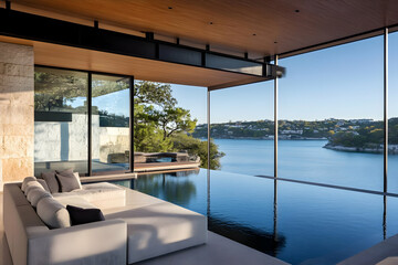 Fototapeta premium Luxury Lakeside Living Room Design