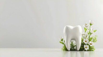 Isolated White Tooth With Green Floral Arrangement On White Background